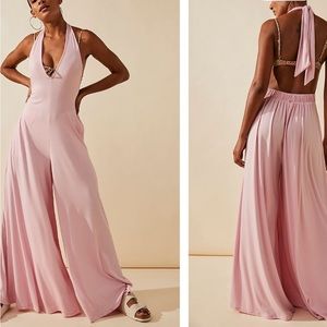 Leigh open back halter top jumpsuit in peach